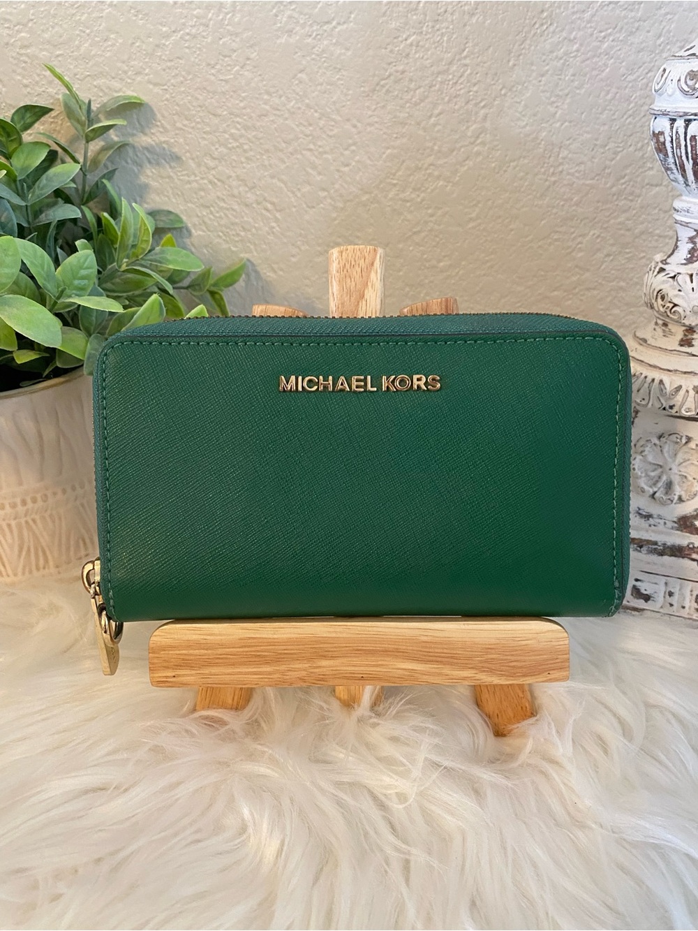 Michael Kors Green Saffiano Zip Wallet with Gold Logo